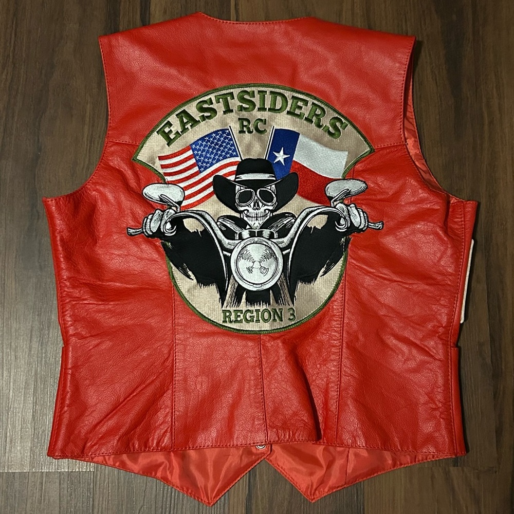 Leather Vest Red Biker Motorcycle Skull Embroidered XL Eastsiders Texas VTG